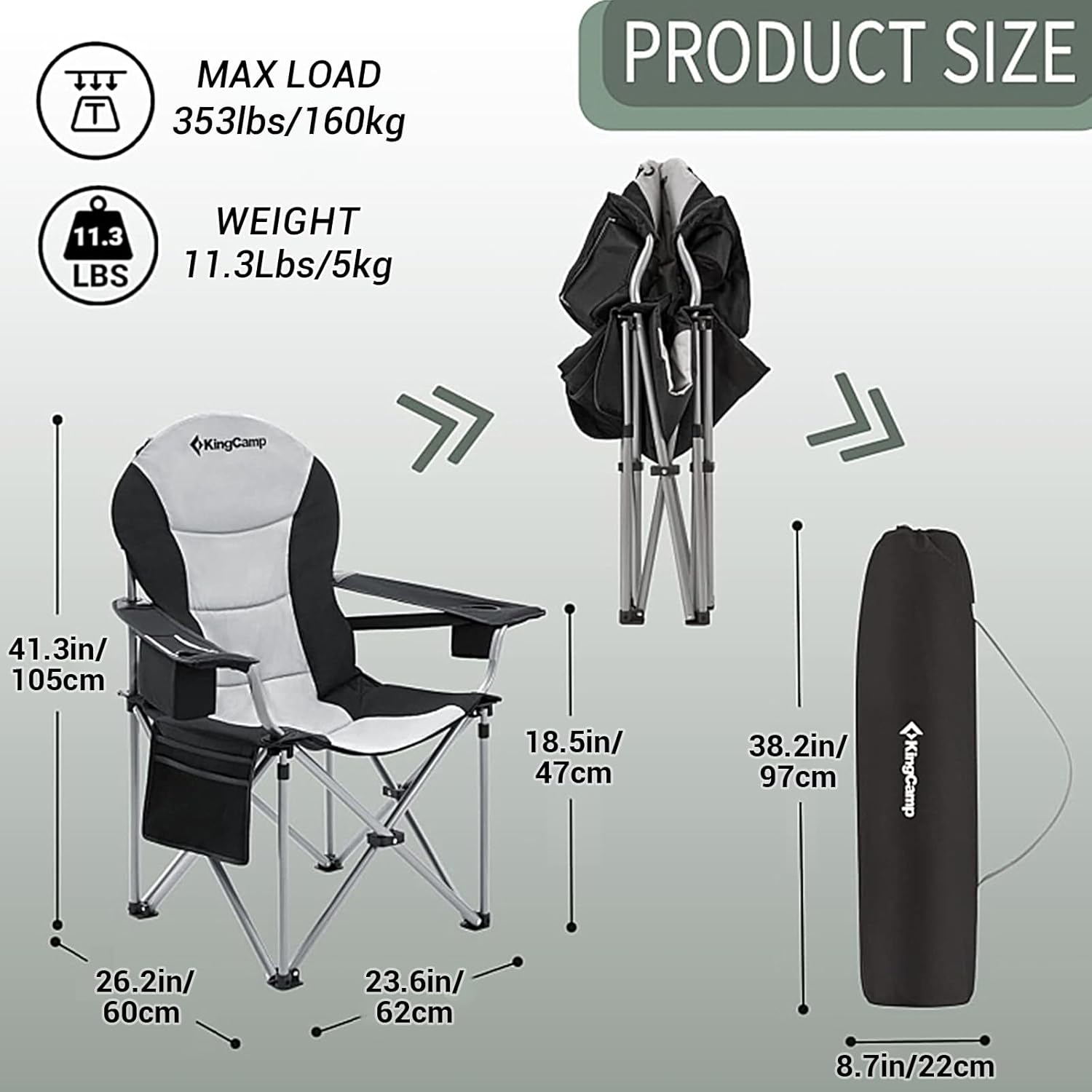 KingCamp Oversized Camping Folding Chair with Lumbar Support, Heavy Duty Ergonomic Padded Arm Chair with Cooler Bag, Cup Holder, Portable for Outdoor - Image 3