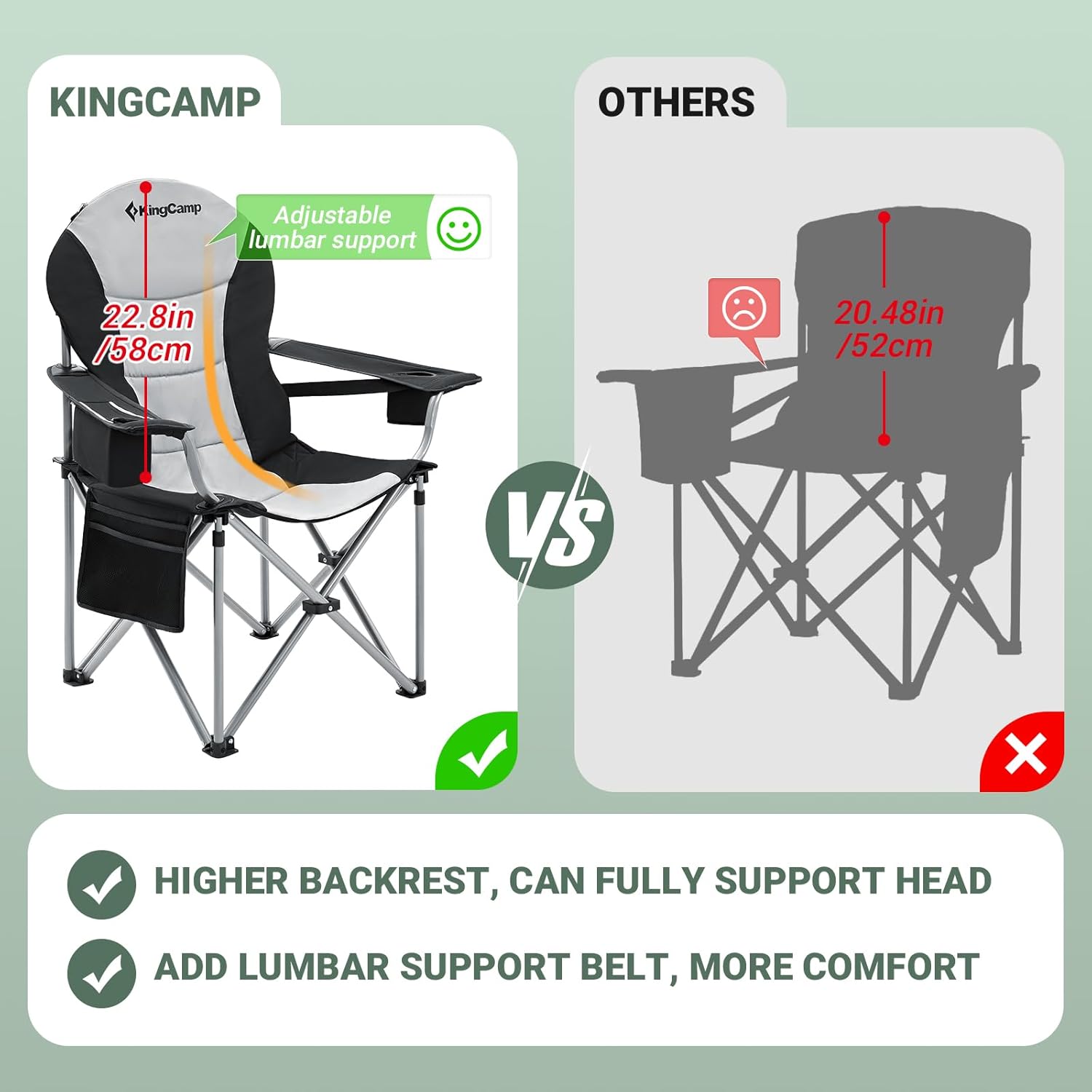 KingCamp Oversized Camping Folding Chair with Lumbar Support, Heavy Duty Ergonomic Padded Arm Chair with Cooler Bag, Cup Holder, Portable for Outdoor - Image 6