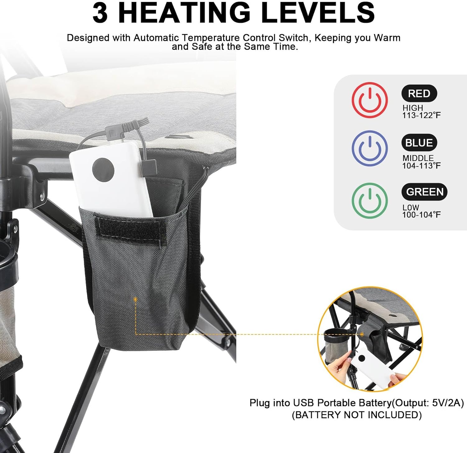 REALEAD Heated Camping Chair - Fully Padded Heated Camp Chairs for Outdoor Sports - Heavy Duty Folding Chairs Supports 400 lbs - Perfect for Outside Sport Events, Concert, Battery NOT Included - Image 4