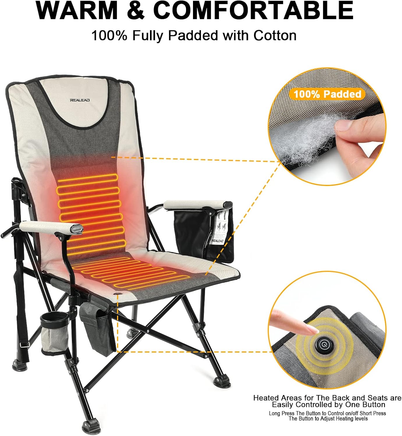 REALEAD Heated Camping Chair - Fully Padded Heated Camp Chairs for Outdoor Sports - Heavy Duty Folding Chairs Supports 400 lbs - Perfect for Outside Sport Events, Concert, Battery NOT Included - Image 5